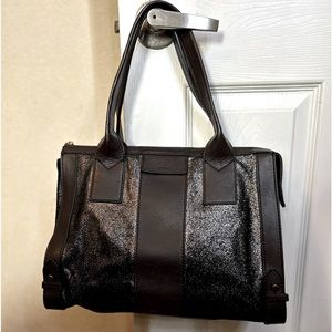 Fossil Brown Leather Metallic Glitter Zip Satchel Purse